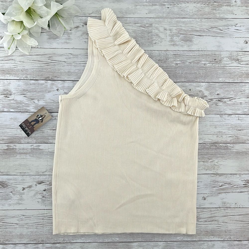 sofia by sofia vergara Cream One-Shoulder Ruffle Ribbed Tank - Picture 4 of 9